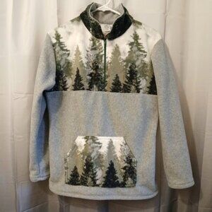 New Fleece Mock neck Sweatshirt M Gray Green Trees Pullover 1/2 zip, pocket